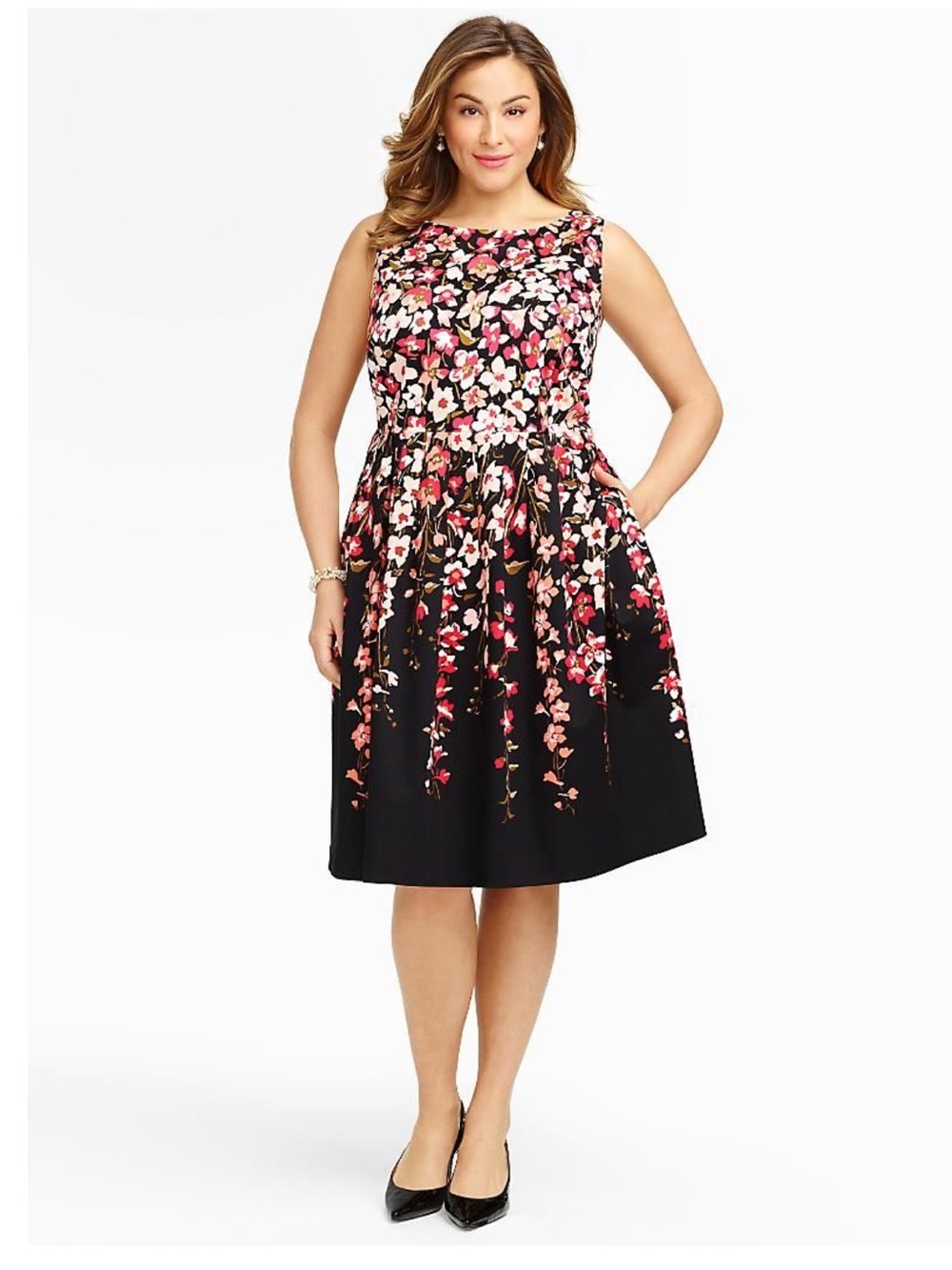 Size 16 Talbots Fit & Flare Black Floral midi Dress
